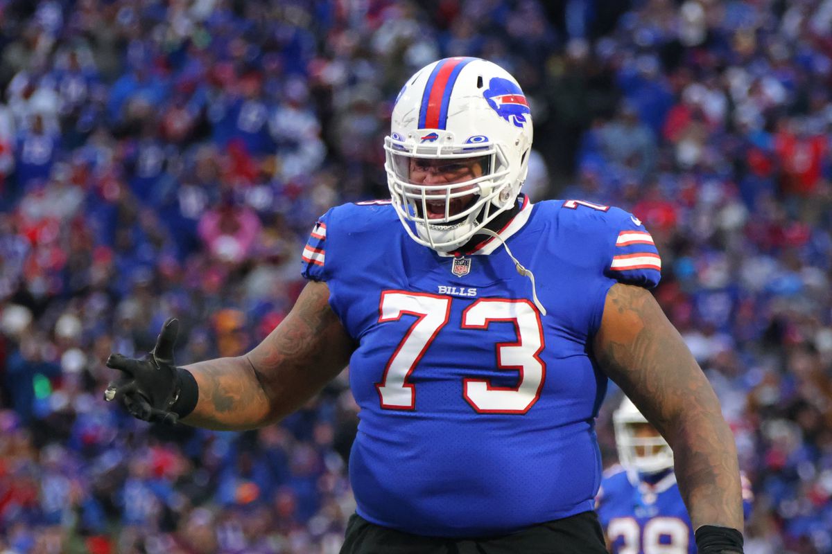 Buffalo Bills offensive tackle Dion Dawkins (73) prepares to block New  England Patriots linebacker Matthew Judon (9) during the second half of an  NFL football game on Sunday, Jan. 8, 2023, in